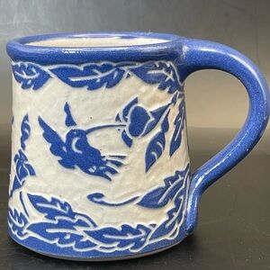 Artisan Blue White Studio Pottery Coffee Mug | Hummingbird Motif Ceramic Cup